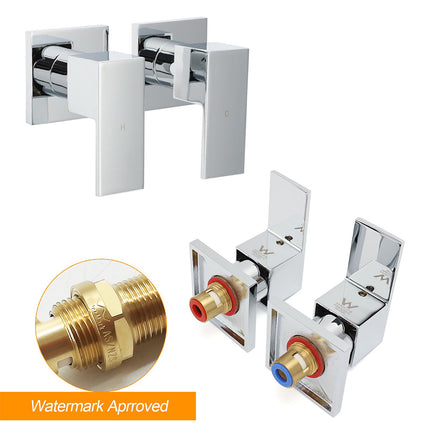 Watermark Chrome Square 1/4 Turn Wall Twin Taps Brass For Shower Head Vanity Basin Spout.