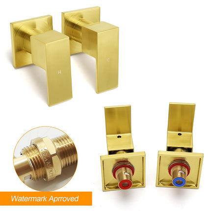 Brushed Gold Square 1/4 Turn Twin Taps Brass For Shower Head Wall Mounted Spout.