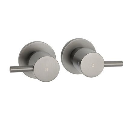 Gun Metal Grey Brass 1/4 Turn Round Hot Cold Tap Wall Set For Shower Vanity Spout.