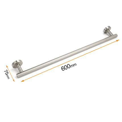 Brushed Nickel 600mm Single Towel Rack Rail Holder Round Hanger Bar Wall Mounted.