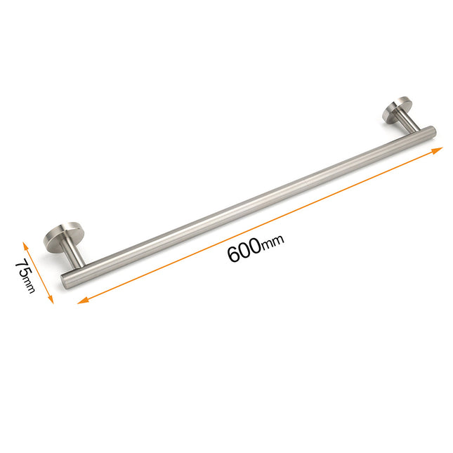Brushed Nickel 600mm Single Towel Rack Rail Holder Round Hanger Bar Wall Mounted.