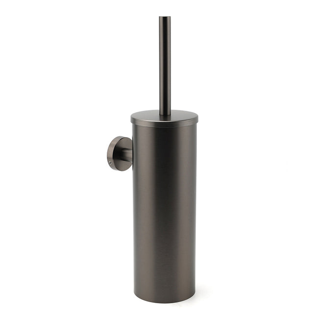 Bathroom Accessory Gun Metal Round Toilet Brush & Stainless Steel Holder Cup Kit.