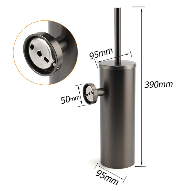 Bathroom Accessory Gun Metal Round Toilet Brush & Stainless Steel Holder Cup Kit.