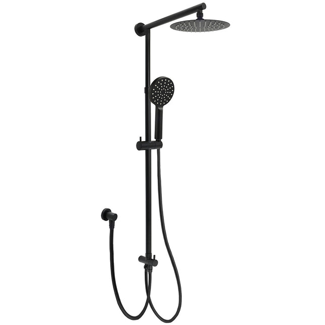 WELS Matt Black Twin Shower 8" Round Head Set 3 Mode Handheld Rose Sliding Rail Elbow Inlet.