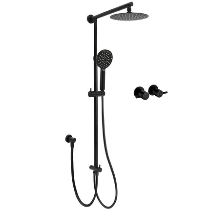 WELS Matt Black 2in1 Shower 8" Round Head Set Sliding Rail 3 Mode Handheld + Twin Taps.