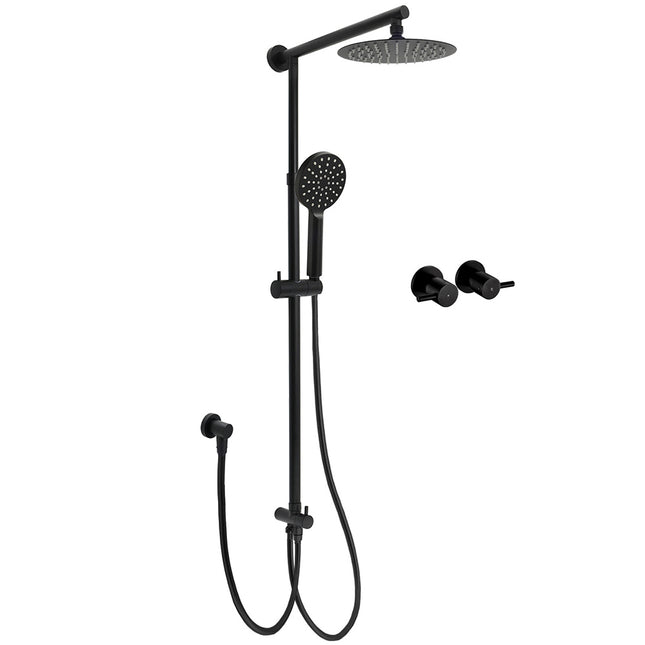 WELS Matt Black 2in1 Shower 8" Round Head Set Sliding Rail 3 Mode Handheld + Twin Taps.