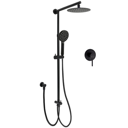WELS Matt Black Twin Shower 8" Round Rain Head Set Sliding Rail 3 Mode Handheld + Mixer.