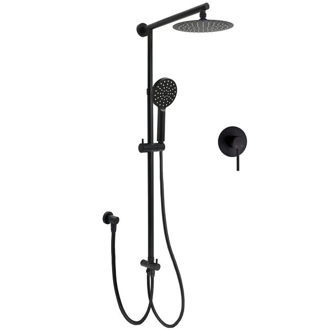 WELS Matt Black Twin Shower 8" Round Rain Head Set Sliding Rail 3 Mode Handheld + Mixer.