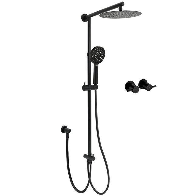 Matt Black Round Dual Shower Set 10" Rain Head 3 Mode Handheld Sliding Rail Arm Twin Taps.
