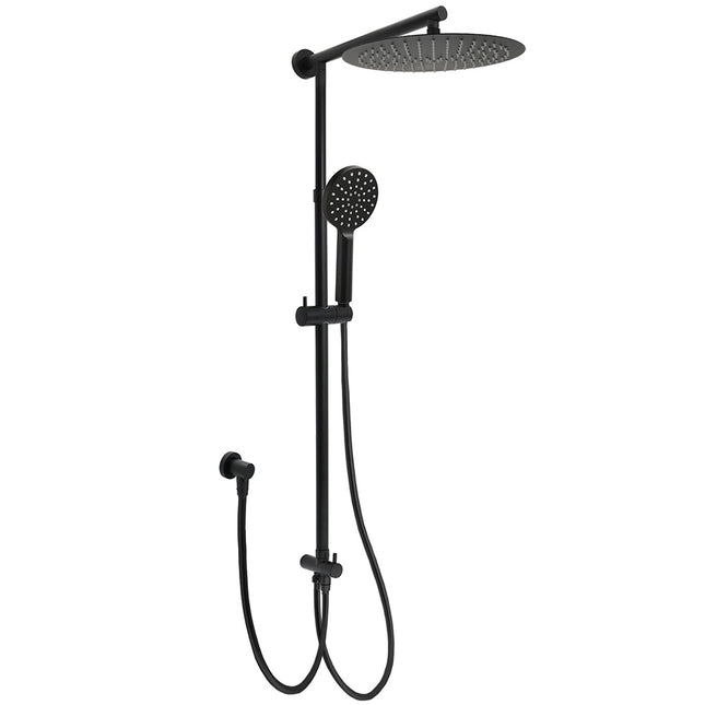 Matte Black Large 12" Round Shower Head Twin Set Handheld Diverter Wall Rail Arm.