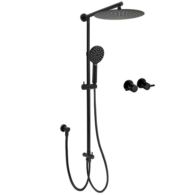 WELS Matt Black Dual 12" Round Shower Head Set Handheld Rail Wall Arm Elbow Inlet Twin Taps.