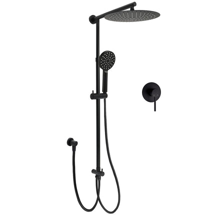 WELS Matt Black Twin Round 12" Shower Head Set Handheld Flexible Rail Wall Arm Mixer.