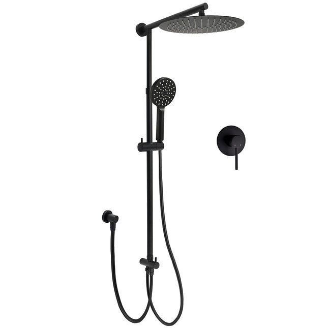 WELS Matt Black Twin Round 12" Shower Head Set Handheld Flexible Rail Wall Arm Mixer.