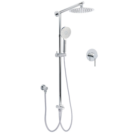 WELS Chrome Round 2in1 8" Stainless Steel Rain Head Handheld Sliding Rail Arm Shower Mixer Set.