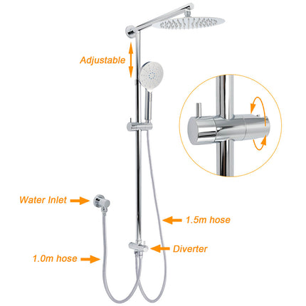 WELS Chrome 10" Round Rain Handheld Twin Shower Head Arm Sliding Rail Arm Diverter Set.