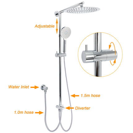 WELS Round 12" Rain Dual Shower Head 3 Modes Handheld Wall Rail Chrome Mixer Valve Set.