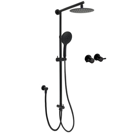 WELS Matt Black Twin Shower 8" Round Head Set Sliding Rail 3 Mode Handheld + Taps.