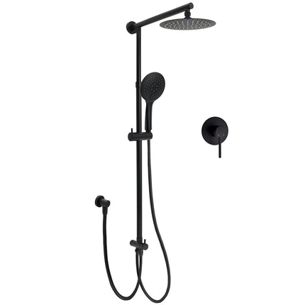 WELS Matt Black Twin Shower 8" Round Head Set Sliding Rail 3 Mode Handheld Rose + Mixer.