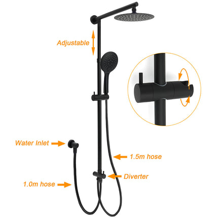 WELS Matt Black Twin Shower 8" Round Head Set Sliding Rail 3 Mode Handheld Rose + Mixer.
