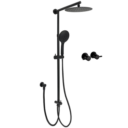 Dual Black Round Shower Set 10" Rain Head 3 Mode Handheld Sliding Rail Arm Twin Taps.