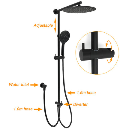 Matte Black Large 12" Twin Round Shower Head Set Handheld Diverter Rail Wall Arm.