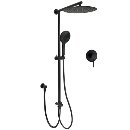 WELS Matte Black 12" Twin Round Shower Head Set Handheld Diverter Rail Wall Arm Mixer.