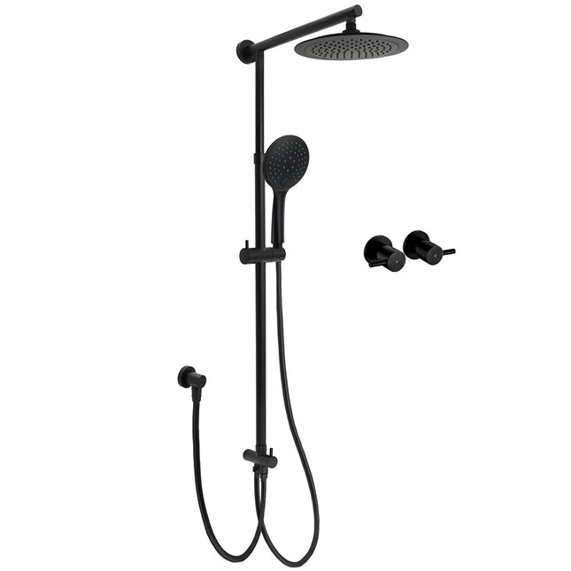 Matt Black 9" Round Rain Shower Head Handheld Adjustable Rail Arm Elbow Twin Set Hot Cold Taps.