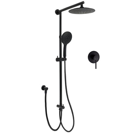 Matt Black 9" Round Rain Shower Head Handheld Adjustable Rail Arm Elbow Twin Set + Single Mixer.