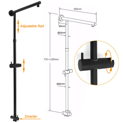 Matt Black 9" Round Rain Shower Head Handheld Adjustable Rail Arm Elbow Twin Set + Single Mixer.
