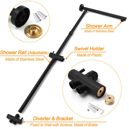Matt Black 9" Round Rain Shower Head Handheld Adjustable Rail Arm Elbow Twin Set + Single Mixer.