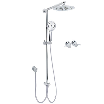 WELS Chrome Round 9" Rainfall Dual Shower Head & Handheld Sliding Rail Wall Arm Twin Taps.