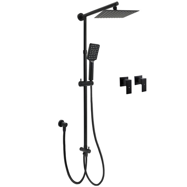 Matt Black 2in1 Set 8" Square Thin Shower Head Handheld Adjustable Silding Rail Twin Taps.