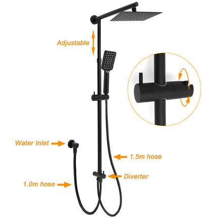 Matt Black 2in1 Set 8" Square Thin Shower Head Handheld Adjustable Silding Rail Twin Taps.