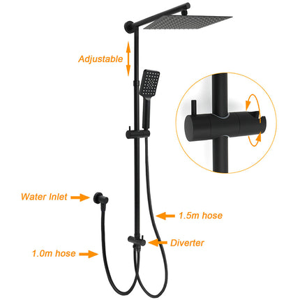 Matt Black 2in1 Set Square 10" Shower Rain Head Handheld Adjustable Silding Rail + Twin Taps.