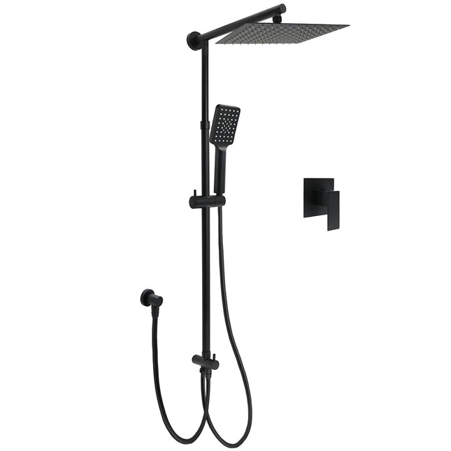 Matt Black 2in1 Set Square 10" Shower Rain Head Handheld Adjustable Silding Rail + Mixer.