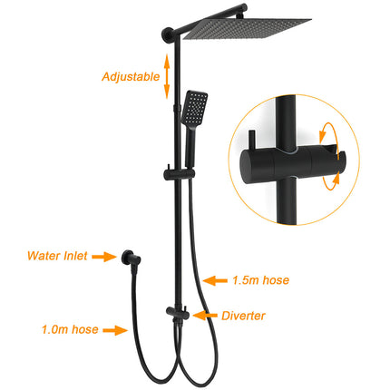 WELS Matt Black Dual Shower Large 12" Square Head Handheld Adjustable Silding Rail Set.