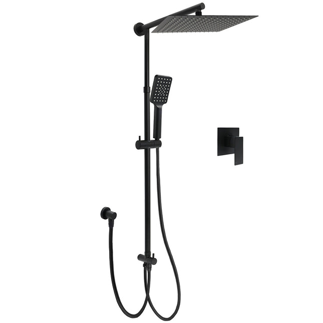 Matt Black Dual Shower Large 12" Square Head Handheld Adjustable Silde Rail Set Mixer.