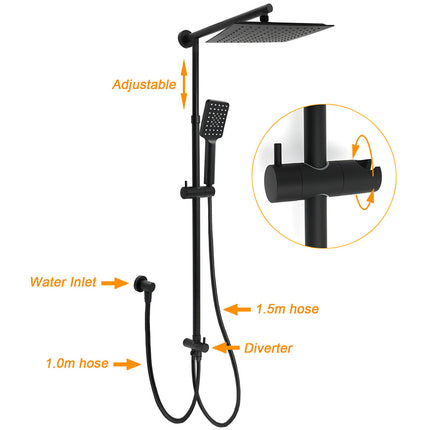 WELS Matt Black 2in1 Square 10" Rain Shower Head 3 Mode Handheld Adjustable Rail Set.