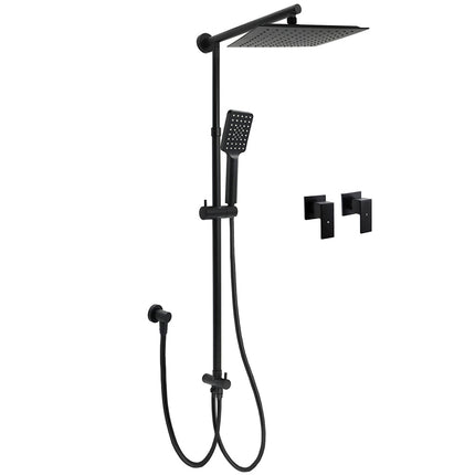 WELS Matt Black 2in1 Square 10" Rain Shower Head 3 Mode Handheld Adjustable Rail Twin Taps Set.