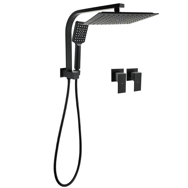 WELS Matt Black 10" Rain Shower Head 3 Mode Handheld Gooseneck Arm Diverter 2in1 Set Taps.