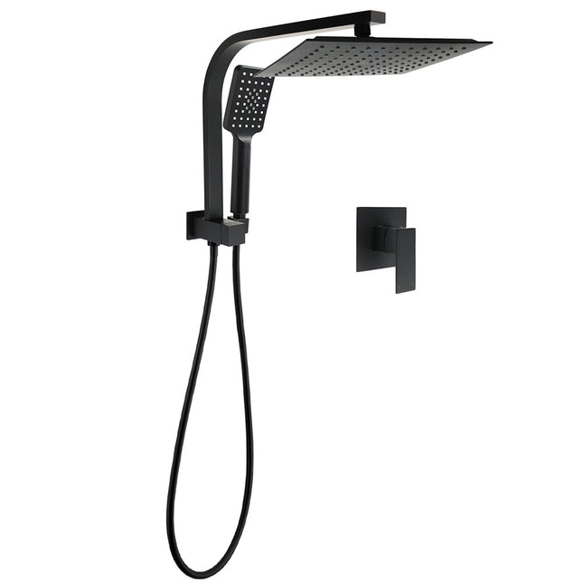 WELS Matt Black 10" Rain Shower Head 3 Mode Handheld Gooseneck Arm Diverter 2in1 Set Mixer.