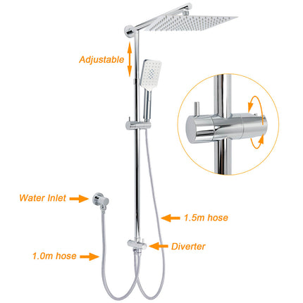 Chrome Square 10" Twin Shower Head Handheld Sliding Rail Set Wall Inlet Diverter.