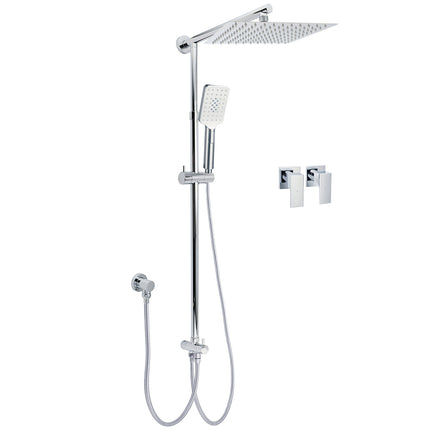 Chrome Square 10" Twin Shower Head Handheld Sliding Rail Set Wall Inlet Diverter Twin Taps.