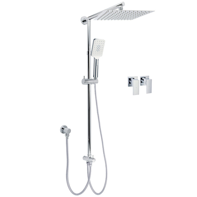 Chrome Square 10" Twin Shower Head Handheld Sliding Rail Set Wall Inlet Diverter Twin Taps.