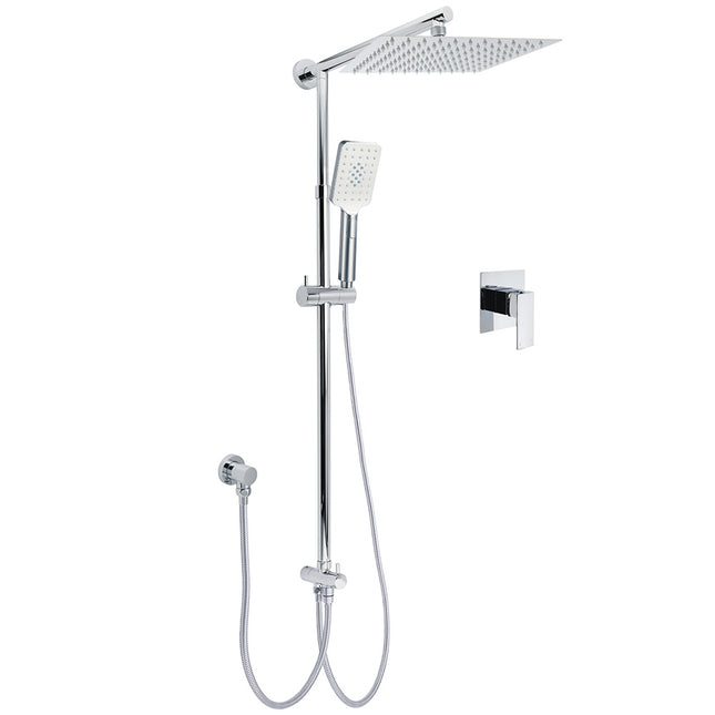 Chrome Square 10" Twin Shower Head Handheld Sliding Rail Set Wall Inlet Elbow With Mixer.