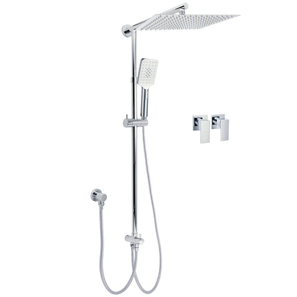 Double Square Shower Head 12" Rain Rose + 3 Modes Handheld Diverter Rail Arm Taps Set.