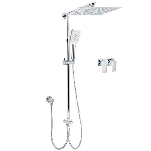Double Square Shower Head 12" Rain Rose + 3 Modes Handheld Diverter Rail Arm Taps Set.