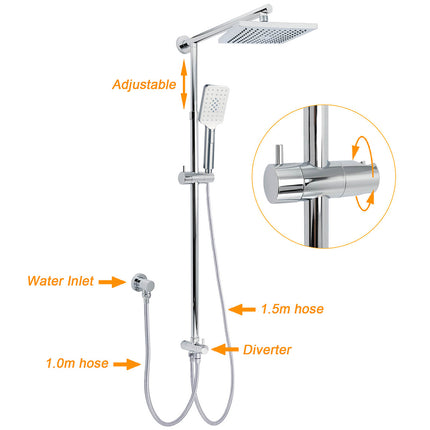 WELS Square Chrome Shower 8" Rainfall Head 3 Mode Handheld Sliding Rail Wall Arm Set.