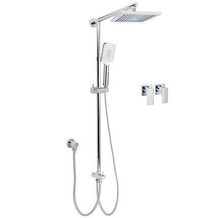 WELS Square Plastic Shower 8" Rainfall Head 3 Mode Handheld Sliding Rail Wall Arm + Twin Taps.