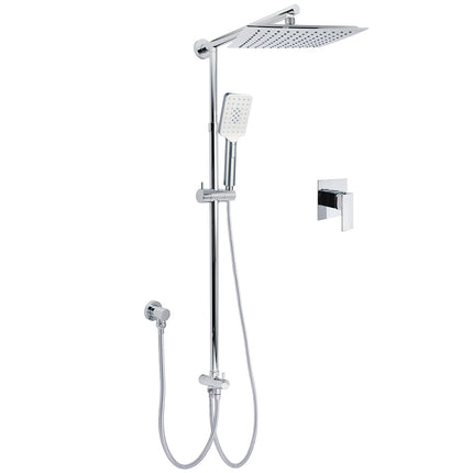 WELS Chrome Square 10" Rain Shower Head 3 Mode Handheld Sliding Rail Wall Arm With Mixer.